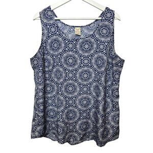 Faded Glory Womens 1X Blue Medallion Print Sleeveless Tank Shell Top Plus